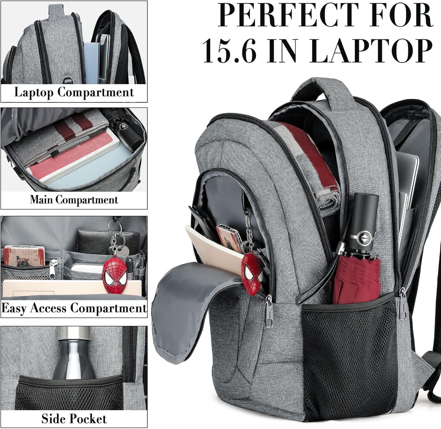 Backpack for Men and Women, School Backpacks for Teen Boys and Girls, Black Water Resistant Back Pack, Business Men Sturdy Computer Bag with USB Charging Port, Gifts