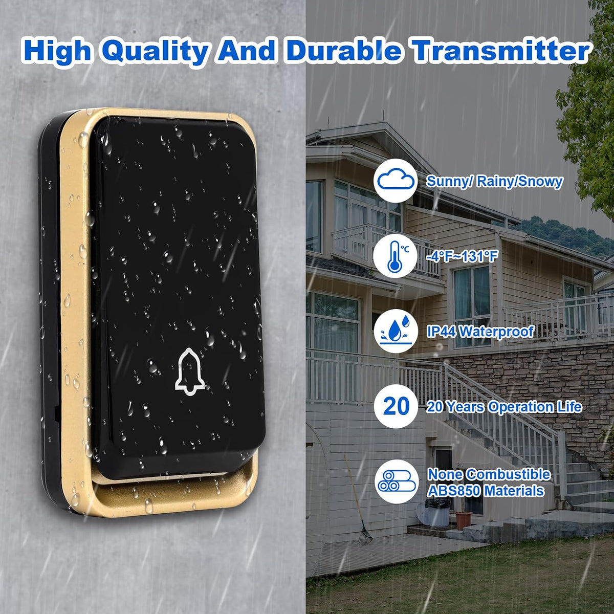 AURTEC No Battery Required Wireless Doorbell Waterproof, Door Chime Kit with 2 Plug-in LED Flash Receivers & 1 Press Self-Powered Transmitter, 51 Chimes and 4 Volume Levels, Black