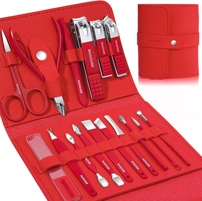 Manicure Set Professional Nail Clippers Pedicure Kit, 16 pcs Stainless Steel Nail Care Tools Grooming Kit with Luxurious Travel Leather Case for Thick Nails Men Women Gift (Black)