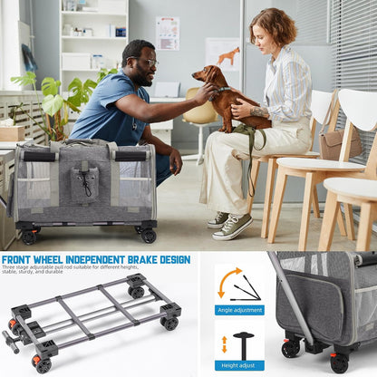 Foldable Large Pet Carrier with Wheels—Accommodates Two Pets, Includes cat Toy and Storage Strap. Breathable and Portable, Ideal for Hiking, Camping, and Travel (Gray)