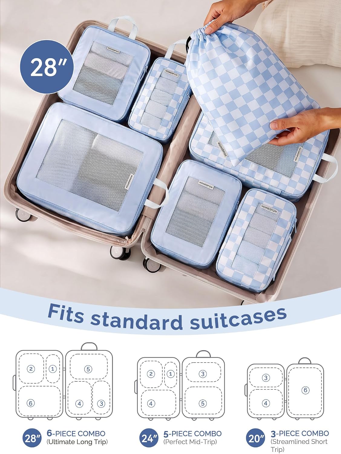 HOMESPON 7 Pcs Compression Packing Cubes for Travel, Blue Checkerboard