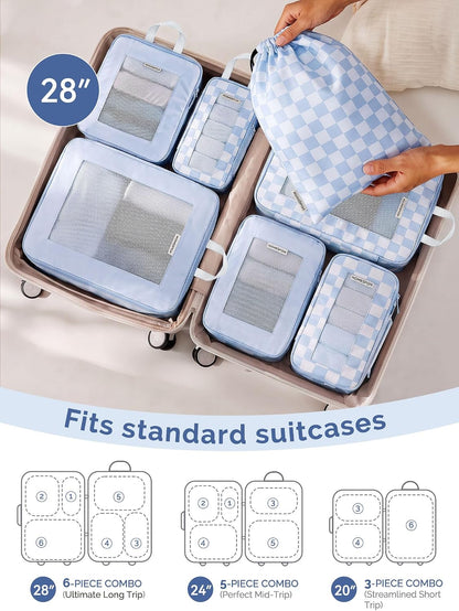 HOMESPON 7 Pcs Compression Packing Cubes for Travel, Blue Checkerboard