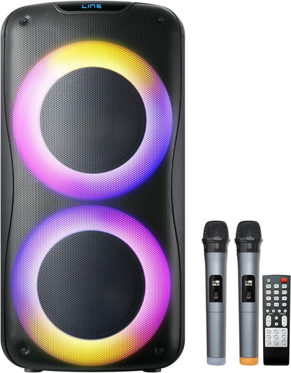 800W Rechargeable Karaoke Machine with Dual 8" Woofers, LED Lights, Bluetooth/USB/AUX, 2 Wireless Microphones & Remote Control (Batteries Not Included), Charging Cable Included