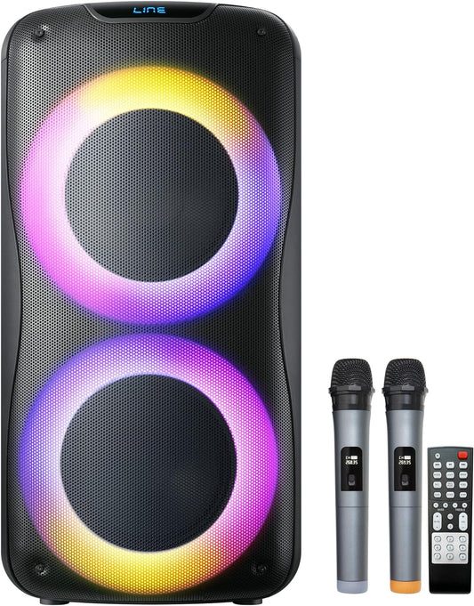 800W Rechargeable Karaoke Machine with Dual 8" Woofers, LED Lights, Bluetooth/USB/AUX, 2 Wireless Microphones & Remote Control (Batteries Not Included), Charging Cable Included
