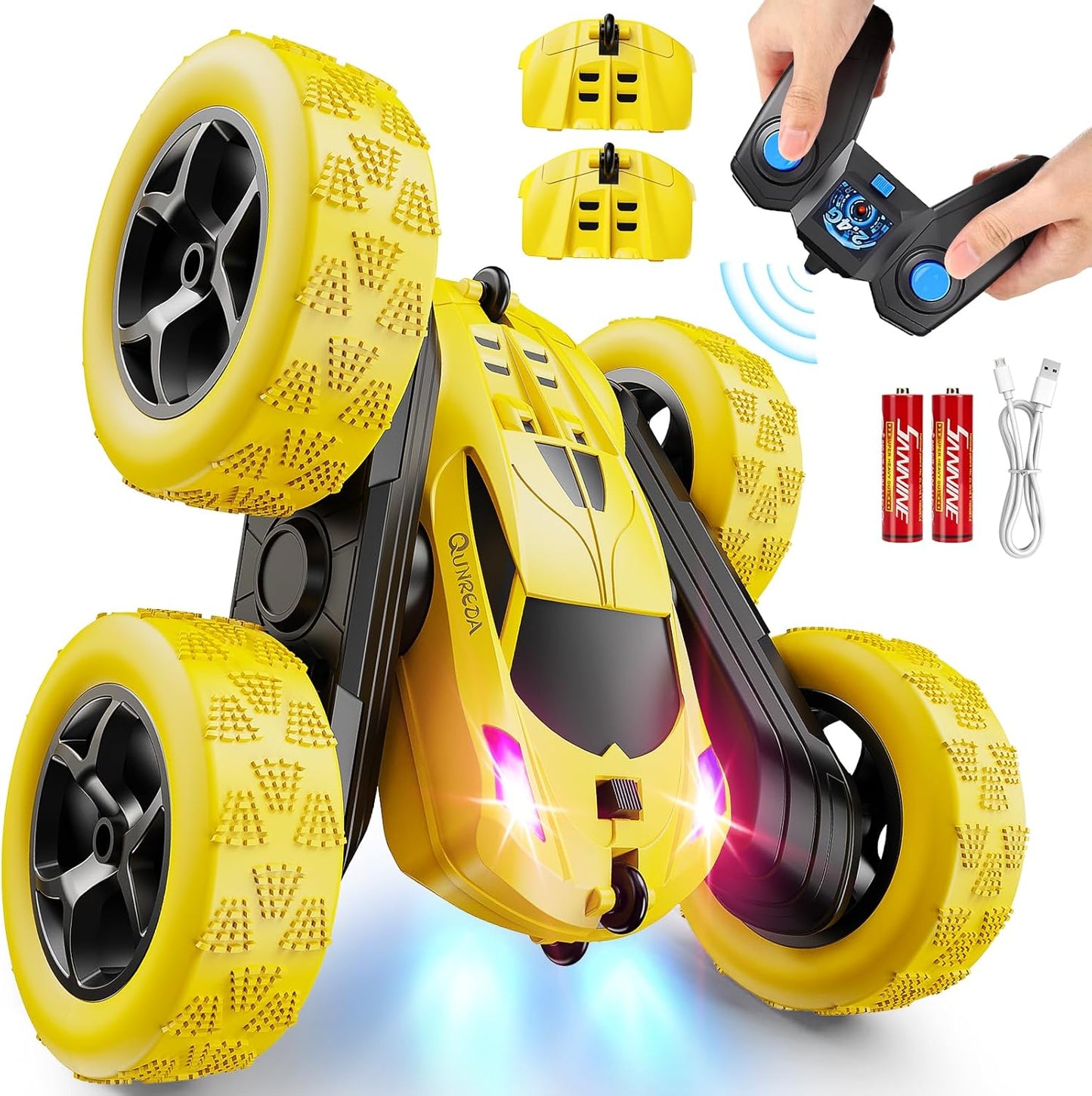 QUNREDA Remote Control Car for Kids Ages 6+, RC Cars Stunt Car Toy 4WD Double Sided 360° Rotating Remote Control with Headlights, Birthday Xmas Gifts for Boys 6 7 8 9 10 11 12 1-Blue
