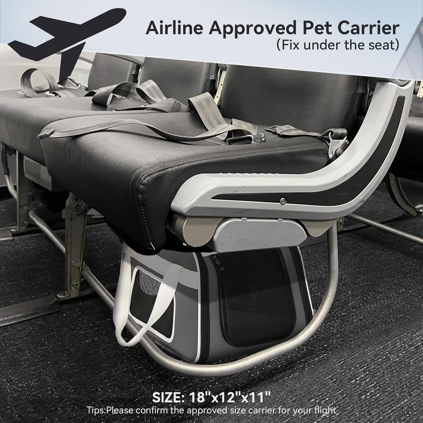 PETSFIT Airline Approved Dog Carrier with Wheels Designed for Small Dogs/Cats with Adjustable Safety Rope & Removable Wheels,Grey