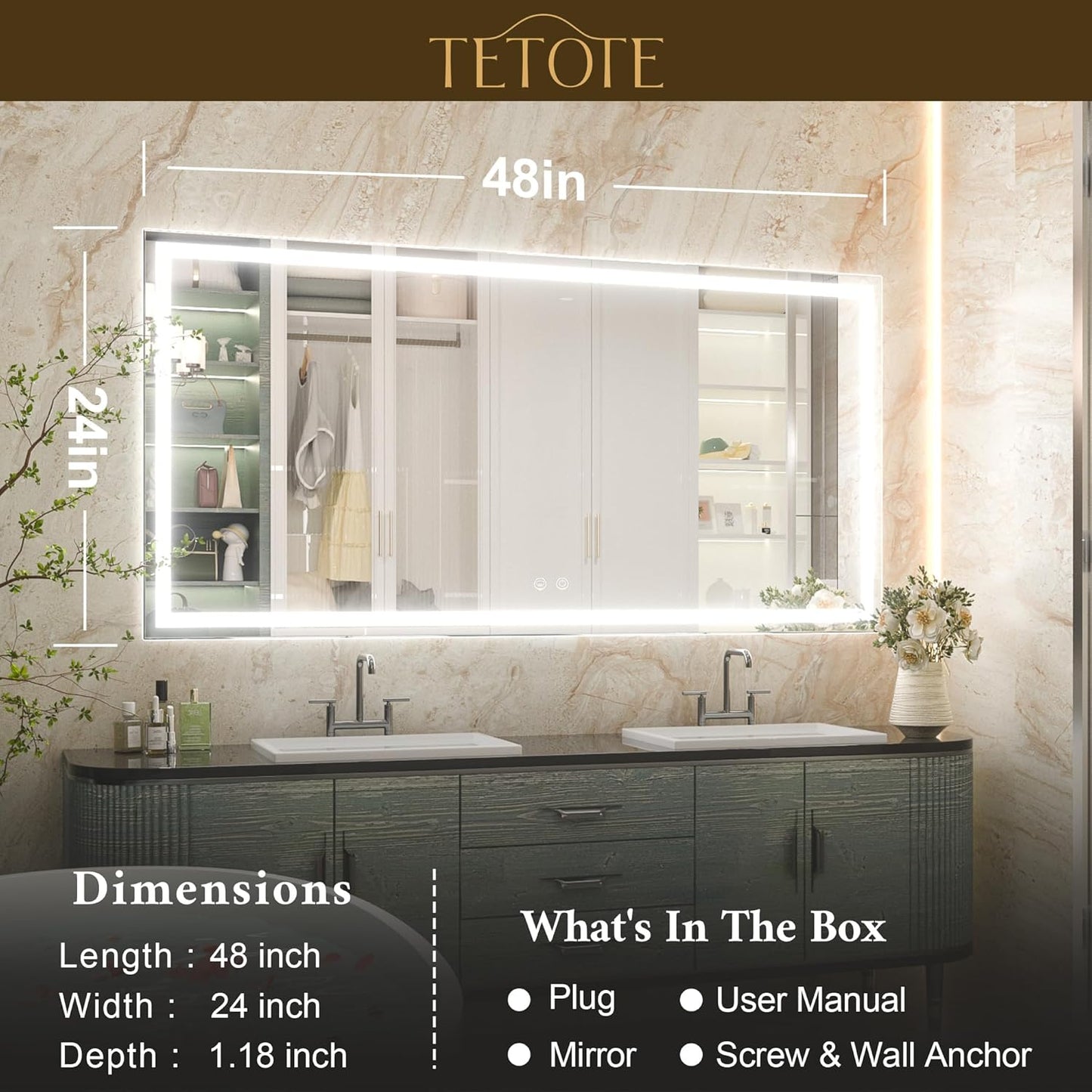 TETOTE 36 x 28 Bathroom LED Mirror Bedroom LED Mirror Fashion Style Vanity Makeup Mirror Dimmable Anti-Fog Wall Mounted Birthday Gift Housewarming Gift Wedding Gift