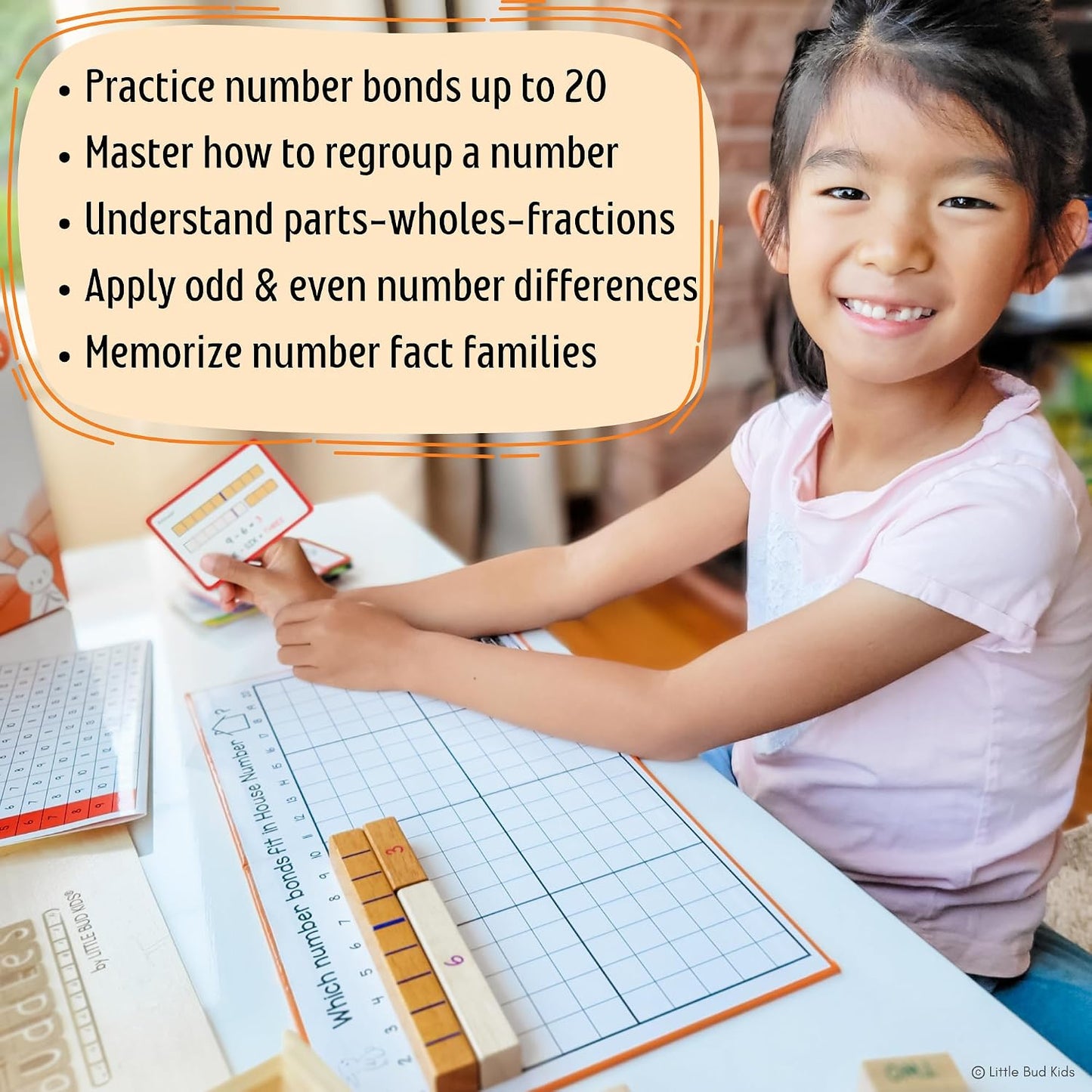 LITTLE BUD KIDS House of Number Buddies Math Game, a Number Bonds Math Toy with Number Rods and Addition & Subtraction Flash Cards, a Montessori Material for Kids 4-8 Years Old