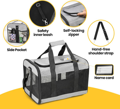 Conlun Cat Carrier Airline Approved, Soft-Sided Dog Carrier with Inner Safety Leash, Pet Transport Carrier for Small-Medium Cats Puppies up to 15 Lbs, Collapsible Travel Kitten Carrier Bag -Black M