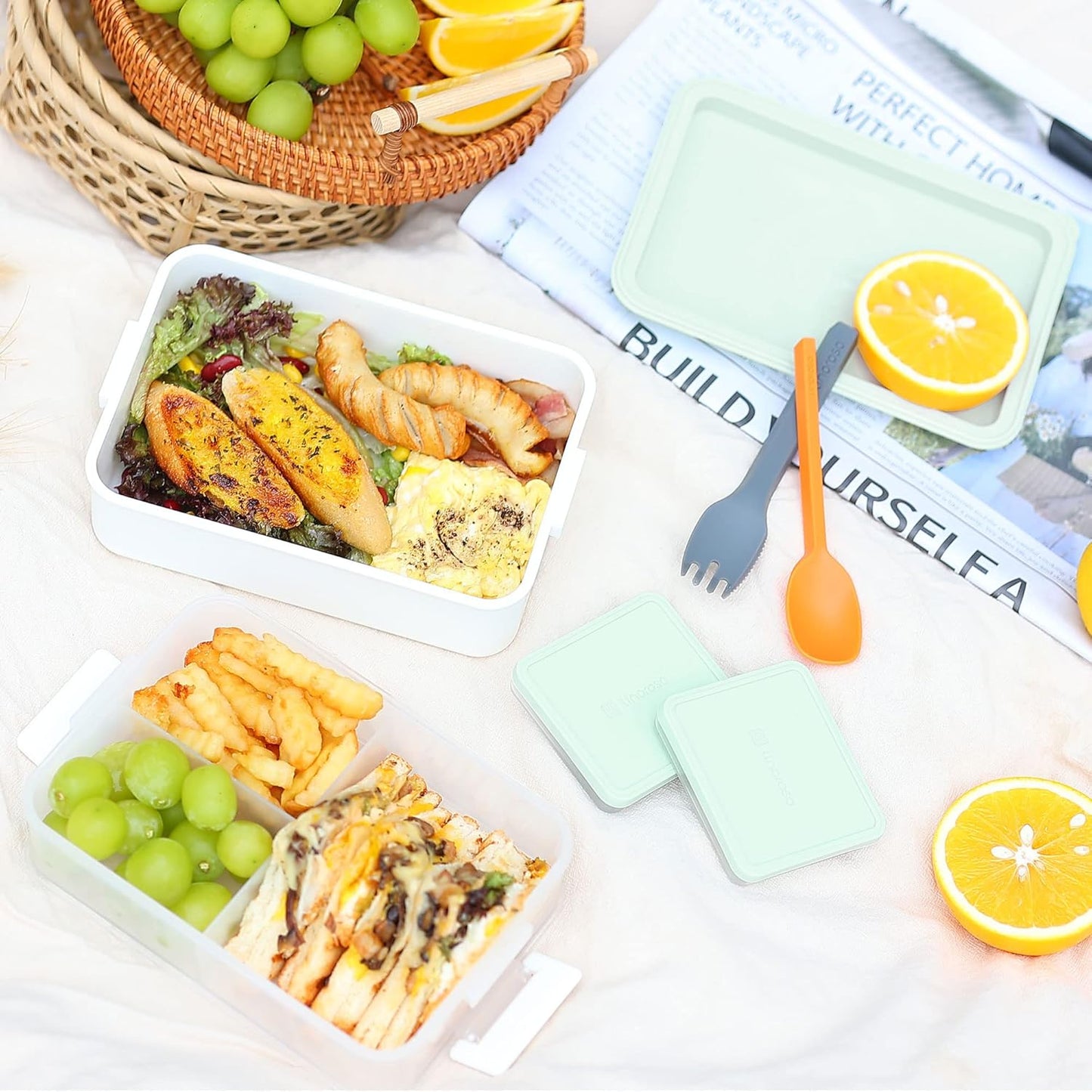 Linoroso Stackable Bento Box Adult Lunch Box | Meet All You On-The-Go Needs for Food, Salad and Snack Box, Premium Bento Lunch Box for Adults Include Utensil Set, Dressing Containers - Pale Mint