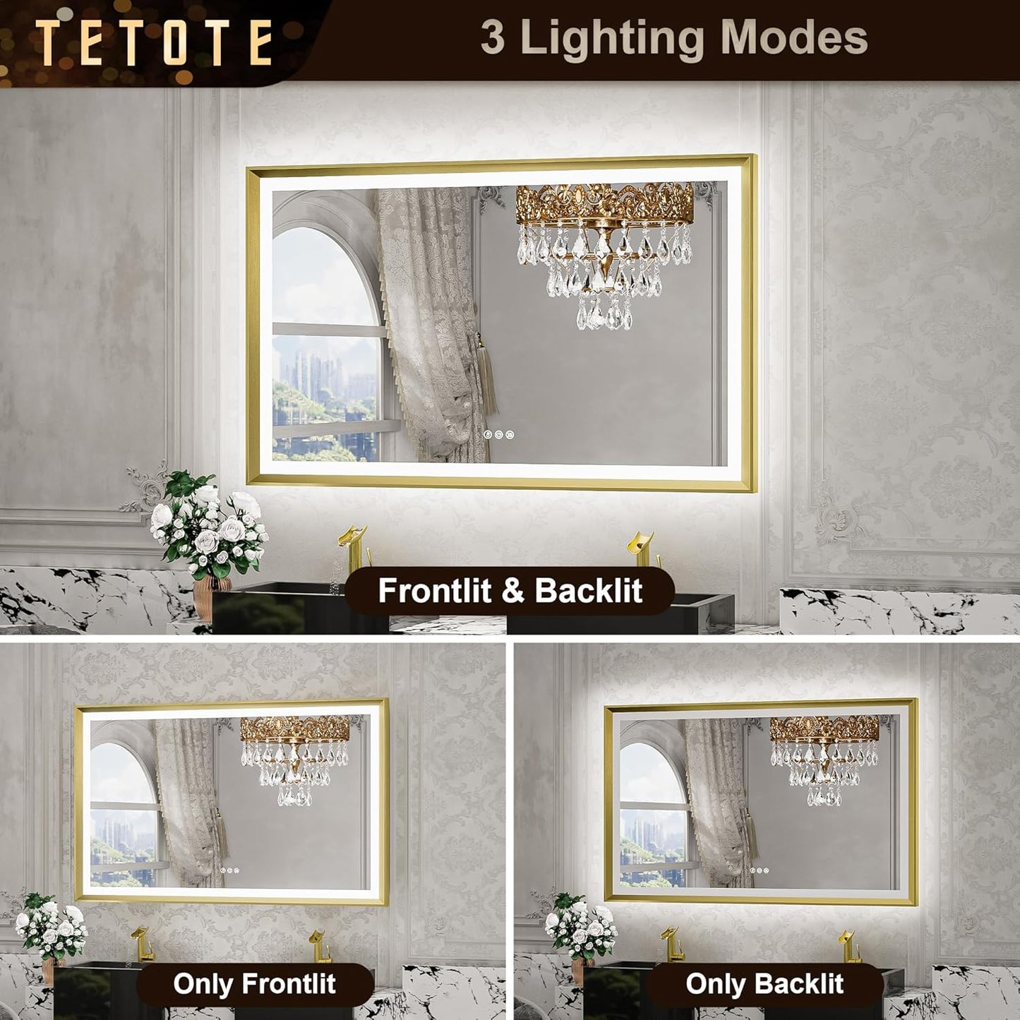 TETOTE 28x36 LED Mirror for Bathroom Black Metal Frame Frontlit & Backlit Lighted Vanity Mirror Baroque Gothic Anti Fog Stepless Dimmable White/Warm/Natural,Wall Mounted(Horizontal/Vertical)