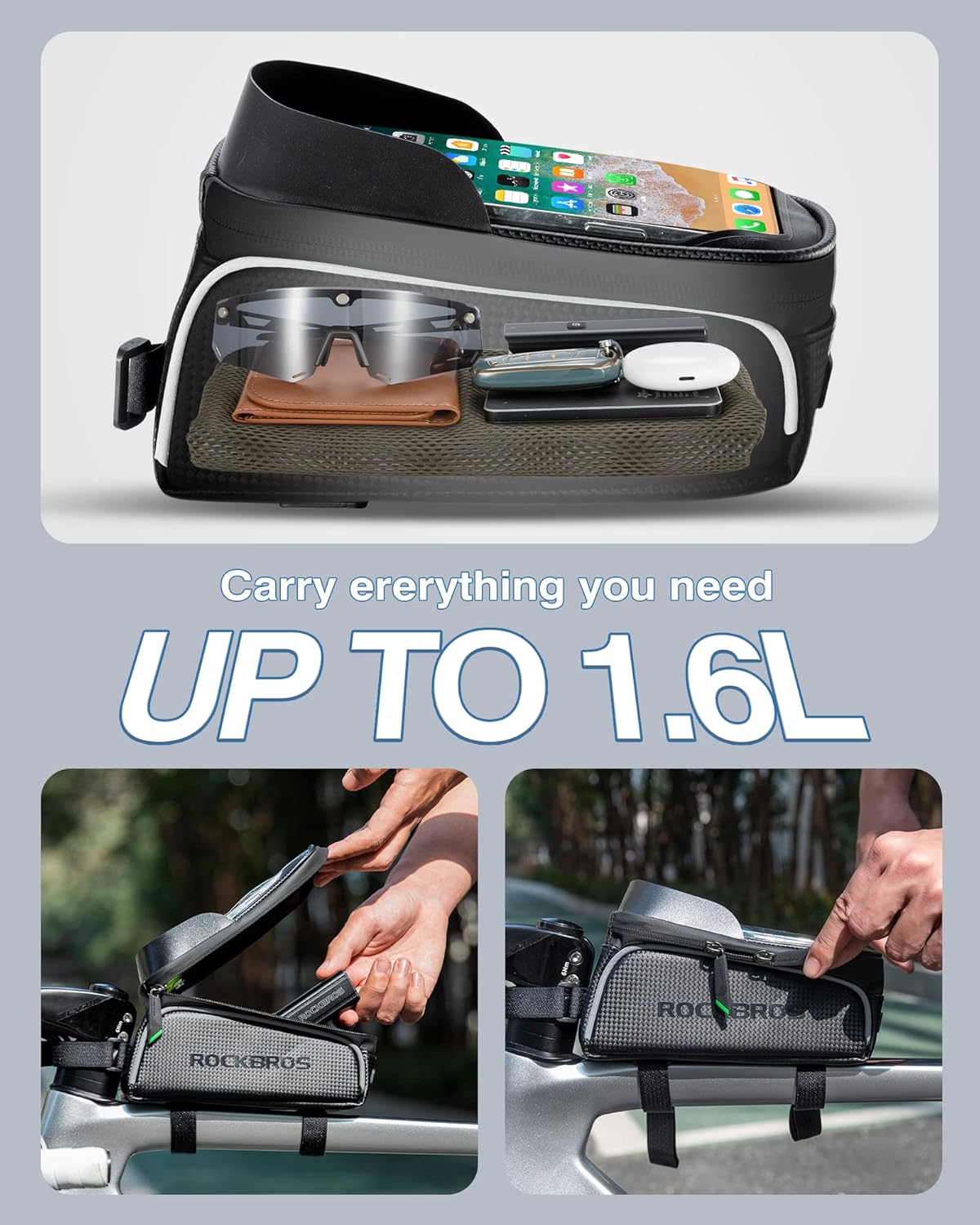 ROCKBROS Bike Phone Frame Bag 1.6L Bike Bag Waterproof Bike Accessories Touch Screen Bicycle Phone Case Compatible Phone Under 7”