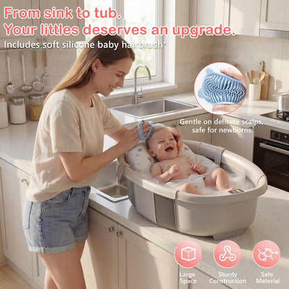Collapsible Baby Bathtub - Large Baby Bath Tub with Thermometer | Bath Essential Bañera para Bebe Easy Fold Baby Tub | Travel Infant Newborn Toddler Bathtub for Baby Girl Boy 0 to 36 Months (Grey)