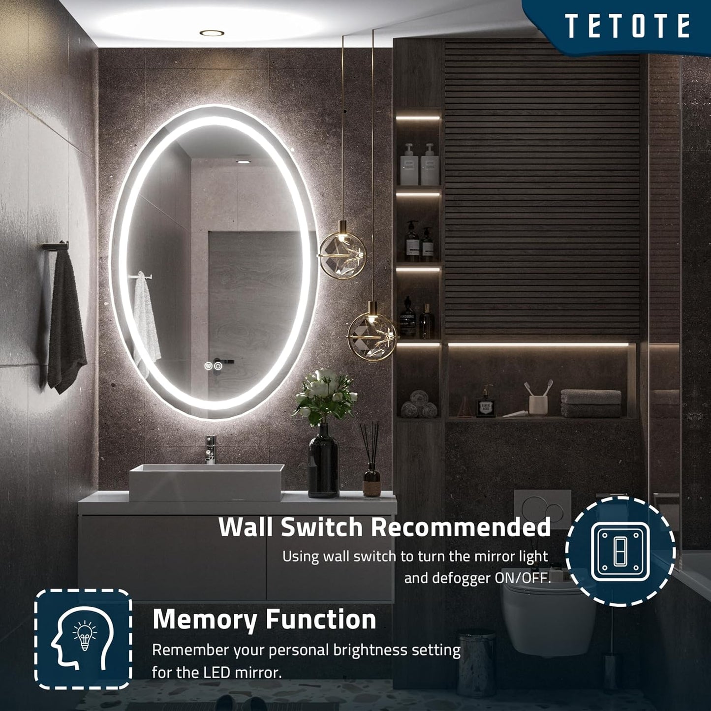 TETOTE 28 Inch Round LED Bathroom Vanity Mirror, Anti-Fog Dimmable Lights IP54 Waterproof Circle Makeup Wall Mounted Mirror