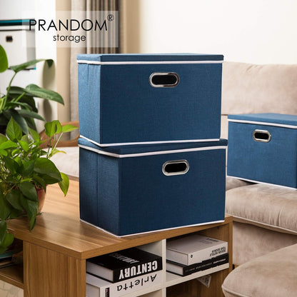 PRANDOM Large Foldable Storage Bin with Lid [1-Pack] Linen Fabric Decorative Storage Box Organizer Containers Basket Cube with Handles Divider for Bedroom Closet Office Living Room (17.7x11.8x11.8")