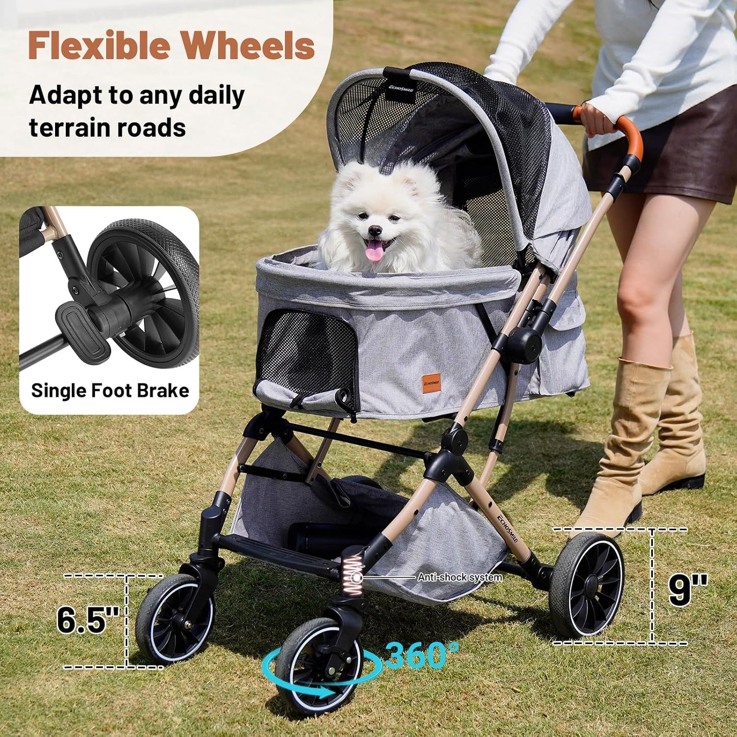 EchoSmile Pet Stroller for Dogs & Cats - One-Touch Foldable Design, Reversible Handle, Shock Absorbing Wheels, Large Pet Carrier Holds 3 Small/Medium Pets (50lbs), Removable Washable Pad & Storage Basket(Gray)