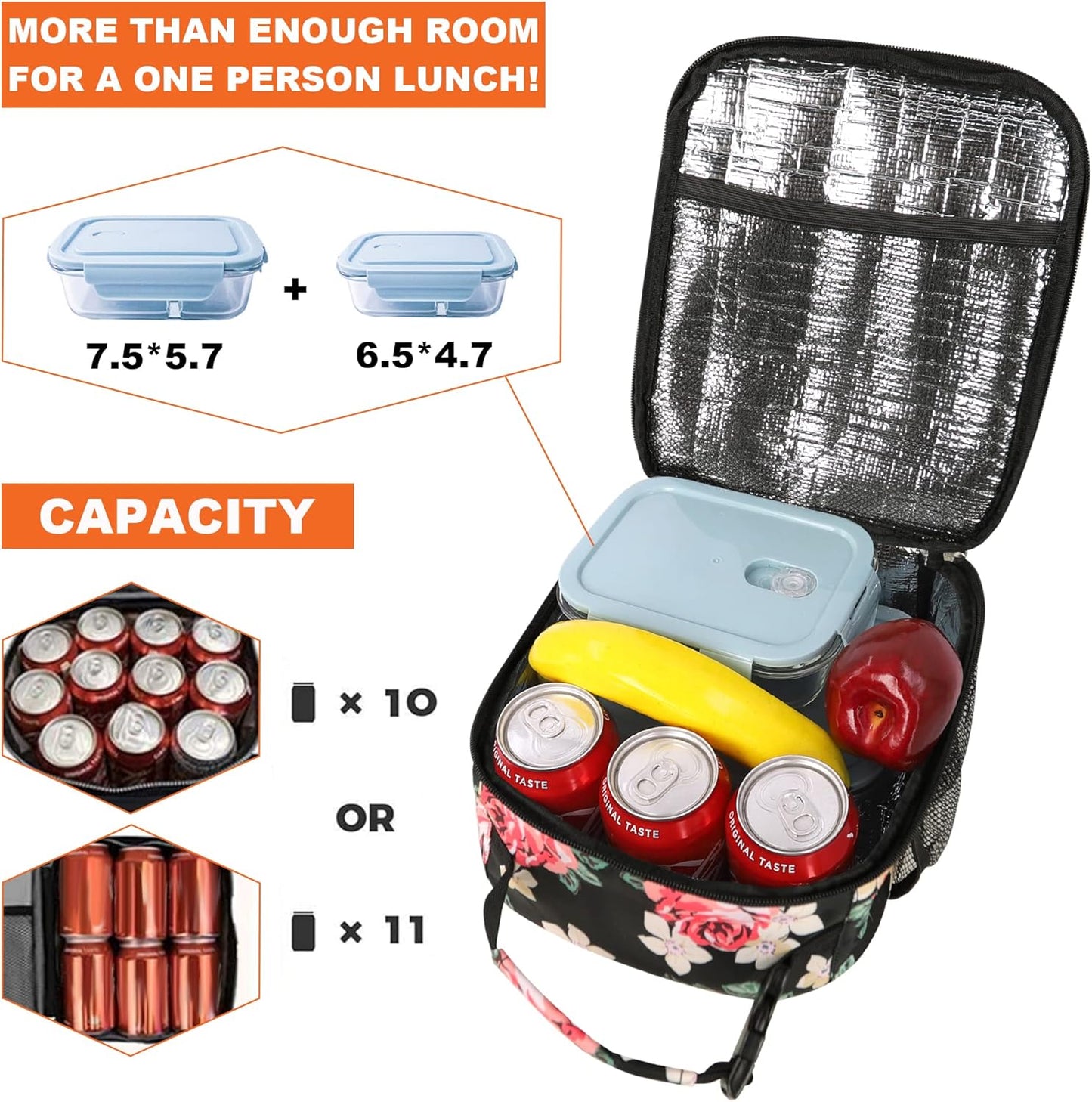 Lunch Box for Men Women Adults Small Lunch Bag for Office Work Picnic - Reusable Portable Lunchbox, Black