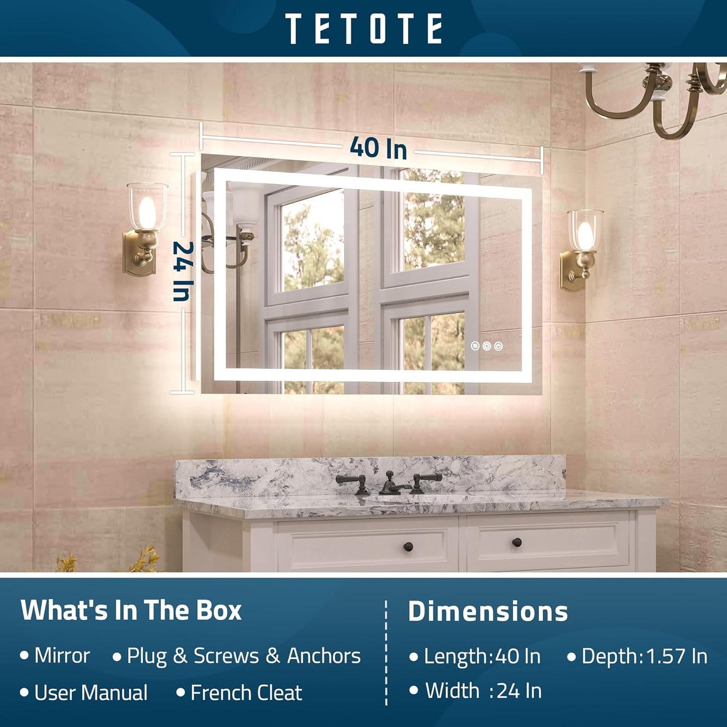 TETOTE LED Bathroom Mirror 20x28 Frontlit & Backlit Lighted Vanity Mirror Anti Fog Stepless Dimmable 3 Colors White/Warm/Natural,Double Lights,Wall-Mounted(Horizontal/Vertical)