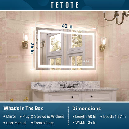 TETOTE LED Bathroom Mirror 20x28 Frontlit & Backlit Lighted Vanity Mirror Anti Fog Stepless Dimmable 3 Colors White/Warm/Natural,Double Lights,Wall-Mounted(Horizontal/Vertical)