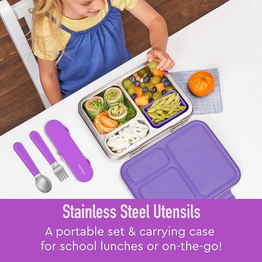 Bentgo® Kids Stainless Steel Utensil Set - Reusable Fork, Spoon & Storage Case - High-Grade BPA-Free Stainless Steel, Easy-Grip Handles, Dishwasher Safe for School Lunch, Travel & Outdoors (Purple) - PuriLite