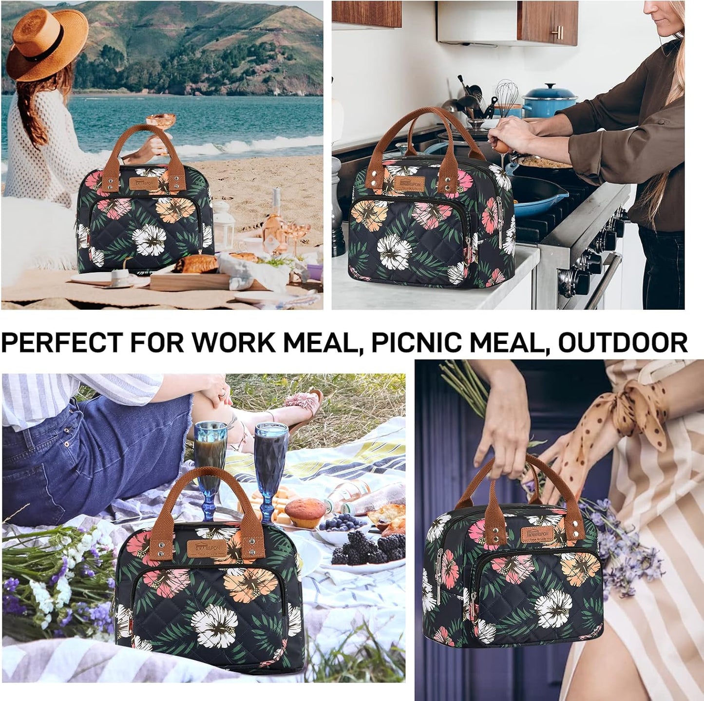 HOMESPON Lunch Bag for Woman Man Adults with Front Pocket Insulated Lunch Tote Lunch Box Container for Work Picnic or Travel(Black)