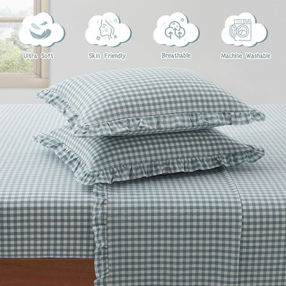 KKJIAF 3 Pieces Plaid Ruffle Twin Bed Sheets, Gingham Twin Sheet Set Comfy Breathable Ruffed Bed Sheet Set with 16 Inch Deep Pocket, Dusty Blue