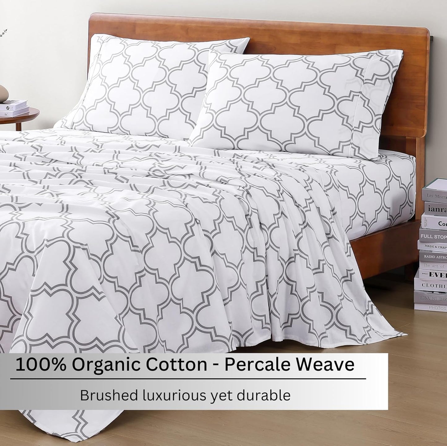 Lane Linen 100% Organic Cotton Queen Sheet Set, 4-Piece Percale Bed Sheets for Queen Bed - Soft, Breathable, Hypoallergenic, Deep Pocket Fits Mattress Up to 15" Deep, Hotel Quality Sheets - White