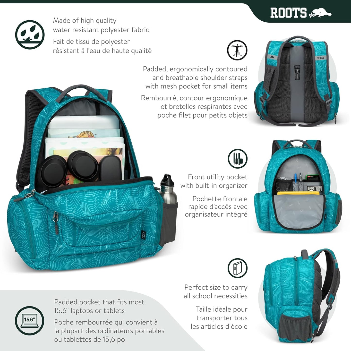 Roots Original 3-in-1 Matching Water Resistant Backpack and Lunch Bag Set with Bonus Pencil Case - Made From 100% Recycled Fabrics - 33 litres, Blue, Large