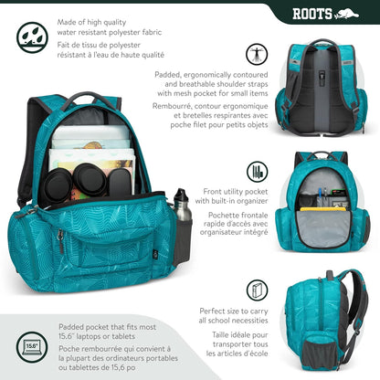 Roots Original 3-in-1 Matching Water Resistant Backpack and Lunch Bag Set with Bonus Pencil Case - Made From 100% Recycled Fabrics - 33 litres, Blue, Large