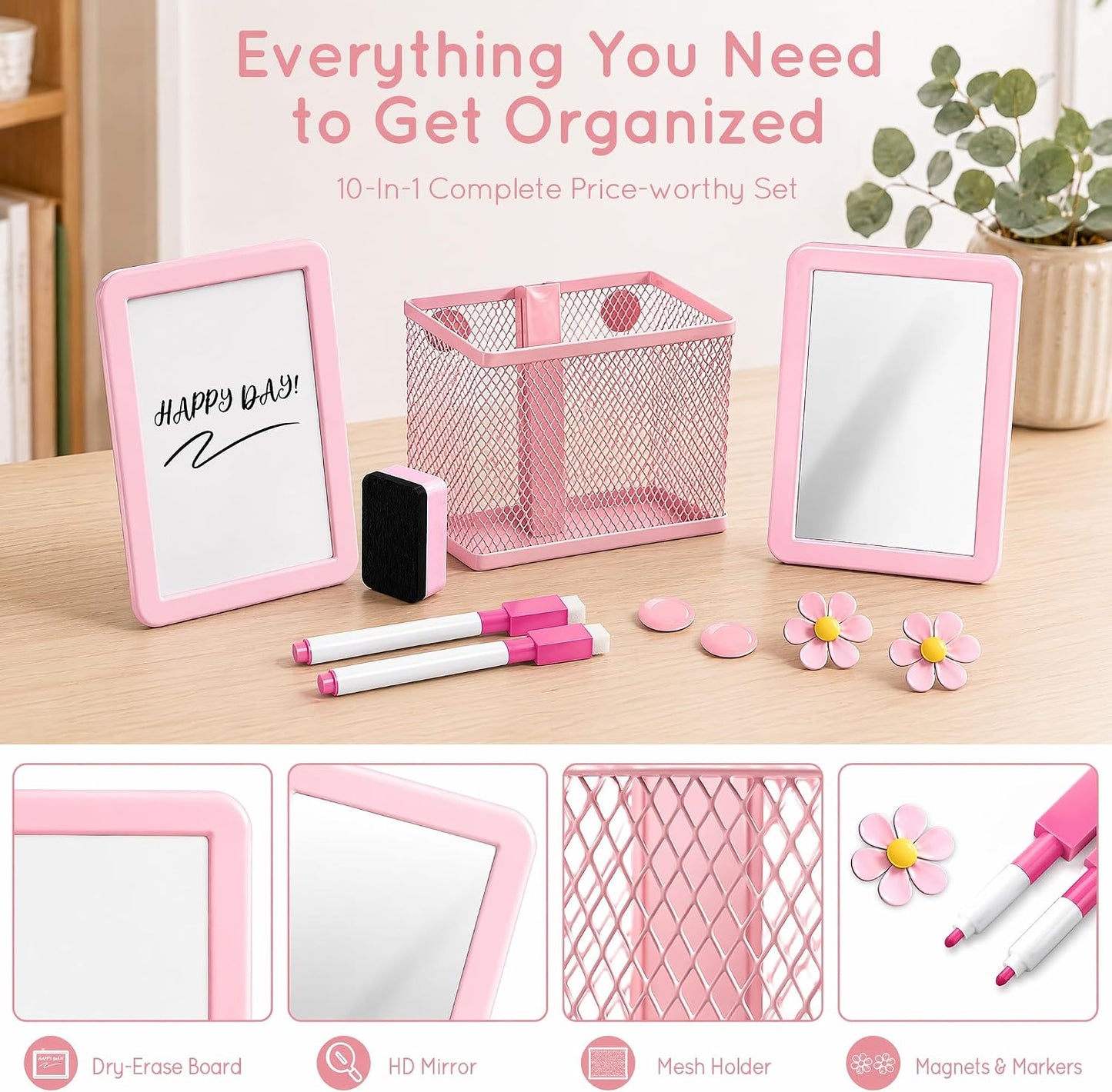 Magnetic Locker Accessories Set, Pink School Supplies, Dry Erase Whiteboard, Mirror, Mesh Pencil Holder, Marker Pen, Magnets, Back to School Essentials, Locker Decorations for Girls, 10 Pcs