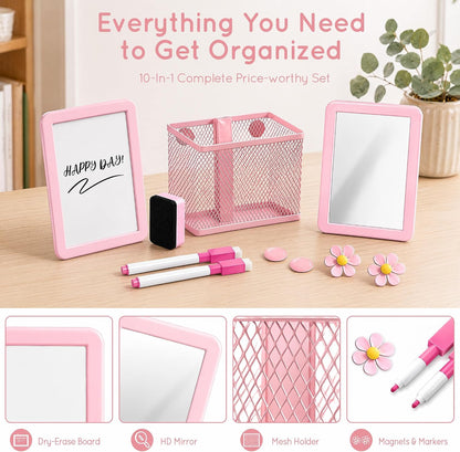 Magnetic Locker Accessories Set, Pink School Supplies, Dry Erase Whiteboard, Mirror, Mesh Pencil Holder, Marker Pen, Magnets, Back to School Essentials, Locker Decorations for Girls, 10 Pcs