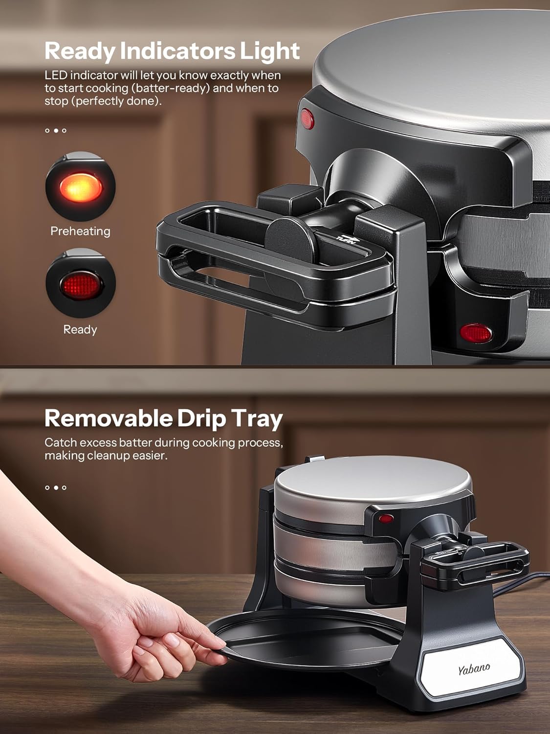 Belgian Waffle Maker with Double Waffle Plate, Yabano Rotating Waffle Iron with Nonstick Plates, Removable Drip Tray and Cool Touch Handles, Gaufrier Belge, Stainless Steel