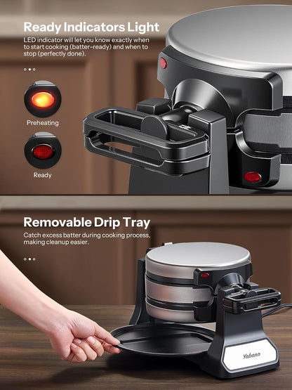 Belgian Waffle Maker with Double Waffle Plate, Yabano Rotating Waffle Iron with Nonstick Plates, Removable Drip Tray and Cool Touch Handles, Gaufrier Belge, Stainless Steel