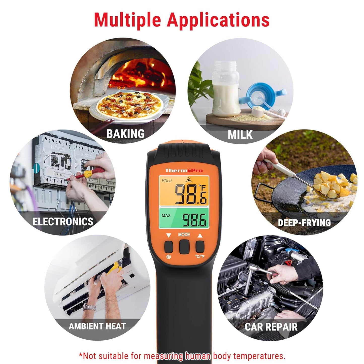 ThermoPro TP30 Infrared Thermometer Gun, Non Contact Temperature Gun with Adjustable Emissivity, Laser Thermometer Gun for Cooking, Pizza Oven, Griddle, Engine, HVAC -58°F ~1022°F (Not for Human)
