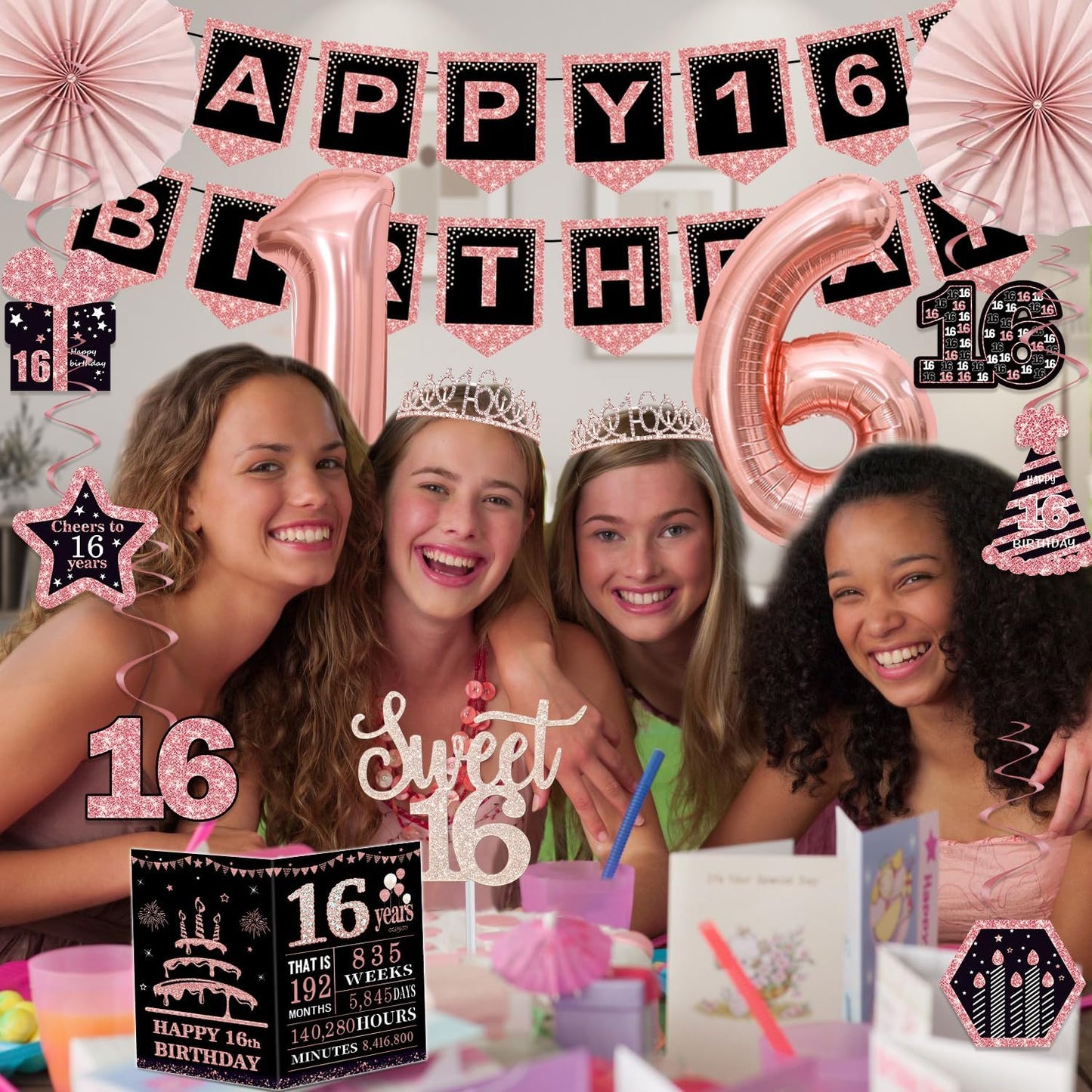 40th Birthday Decorations for Women,32pcs 40th Birthday Party Decorations,Including Backdrop, Crown,Sash,banner, Hanging Swirl,Cake Topper,balloons,Paper Fans,Anniversary Card and paper fans