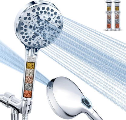 High Pressure 10-Mode Handheld Shower Head - Built in Power Wash for Clean, Replaceable Filter Soften Hard Water Remove Chlorine, 60 Inches Hose, Overhead Bracket, Anti-Clog Nozzle (Chrome)