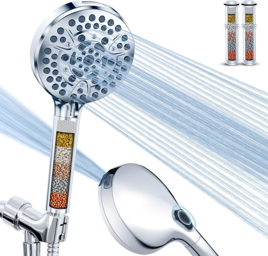 High Pressure 10-Mode Handheld Shower Head - Built in Power Wash for Clean, Replaceable Filter Soften Hard Water Remove Chlorine, 60 Inches Hose, Overhead Bracket, Anti-Clog Nozzle (Chrome)
