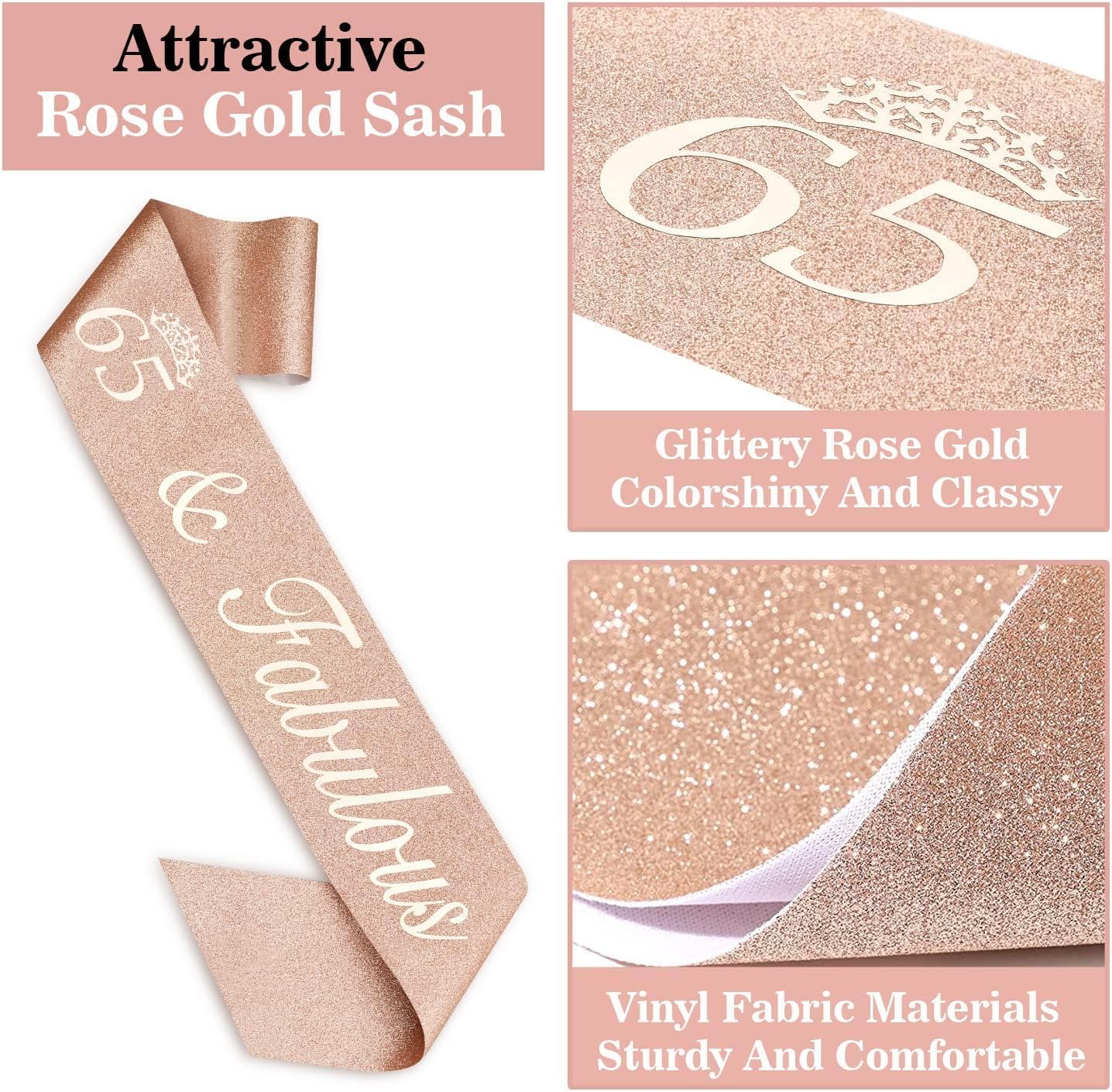 65th Birthday Decorations for Women, Including 65th Birthday Sash and Crown, Cake Topper and Candles, Number Balloons Rose Gold, 65 Year Old Gifts for Women