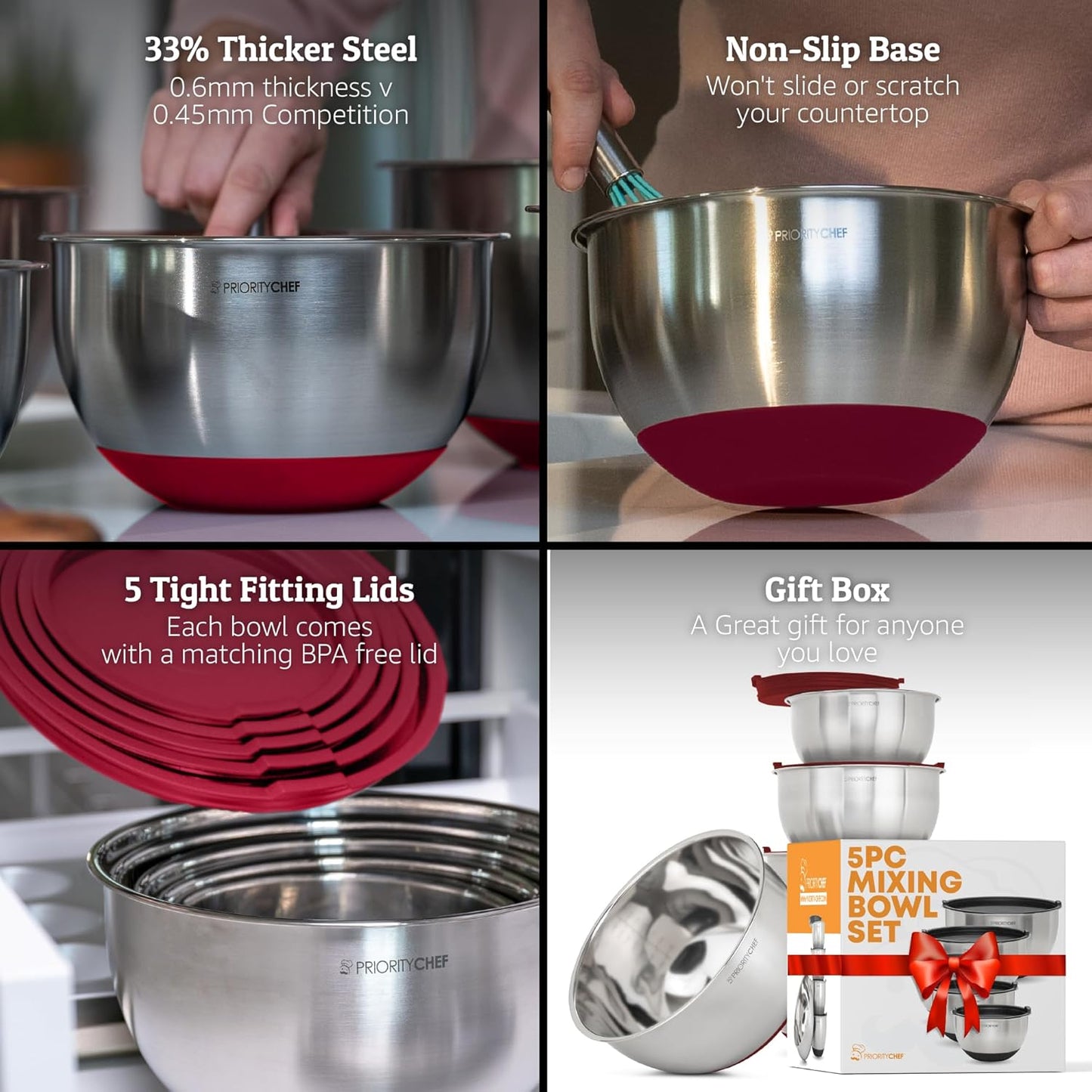 Priority Chef Premium Mixing Bowls with Lids Set, Airtight Lids, Thicker Stainless Steel Mixing Bowl Set, Large Prep Metal Bowls, Nesting Bowls for Kitchen, 1.5/2/3/4/5 Qrt, Red
