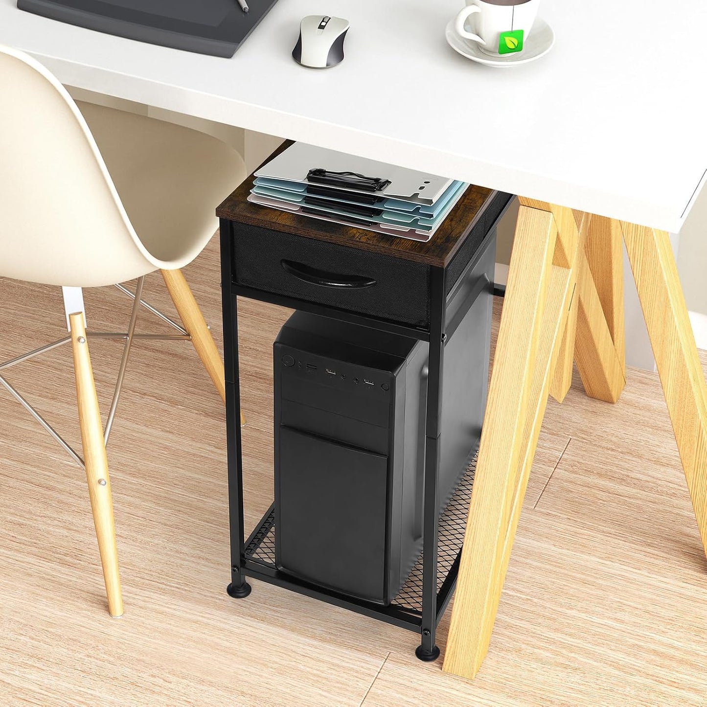 Computer Tower Stand PC Tower Stand with Storage Drawer Mobile CPU Holder Stand with Caster Wheels 2 Tier Rolling Computer Tower Cart for Home Office Fax, Rustic Brown