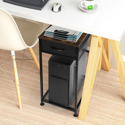 Computer Tower Stand PC Tower Stand with Storage Drawer Mobile CPU Holder Stand with Caster Wheels 2 Tier Rolling Computer Tower Cart for Home Office Fax, Rustic Brown