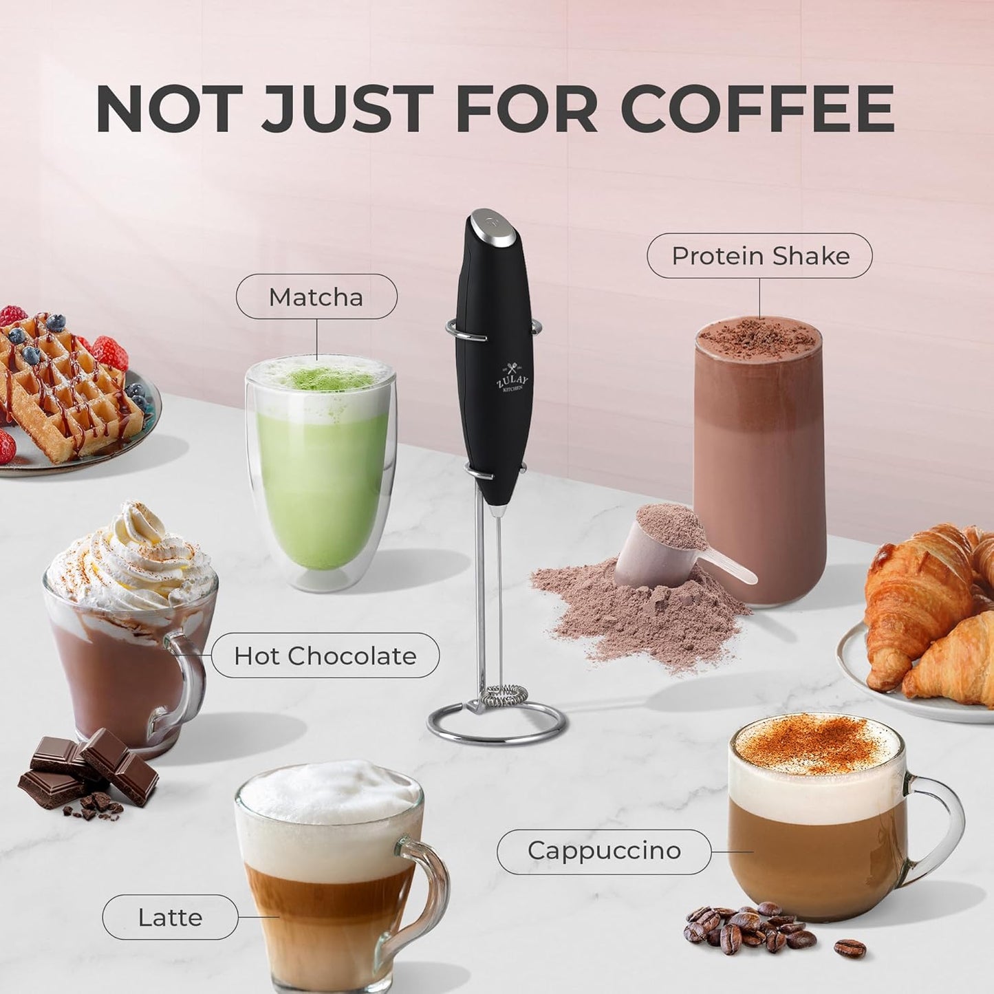 Zulay Kitchen Powerful Double Whisk Milk Frother Handheld - Foam Maker with Stand - Whisk Drink Mixer for Coffee, Mini Foamer for Latte, Matcha, Frappe, Hot Chocolate & Cappuccino (Black)