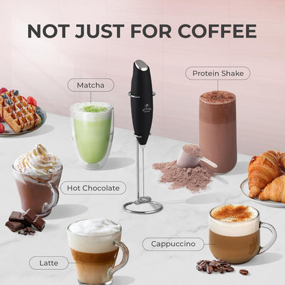 Zulay Kitchen Powerful Double Whisk Milk Frother Handheld - Foam Maker with Stand - Whisk Drink Mixer for Coffee, Mini Foamer for Latte, Matcha, Frappe, Hot Chocolate & Cappuccino (Black)