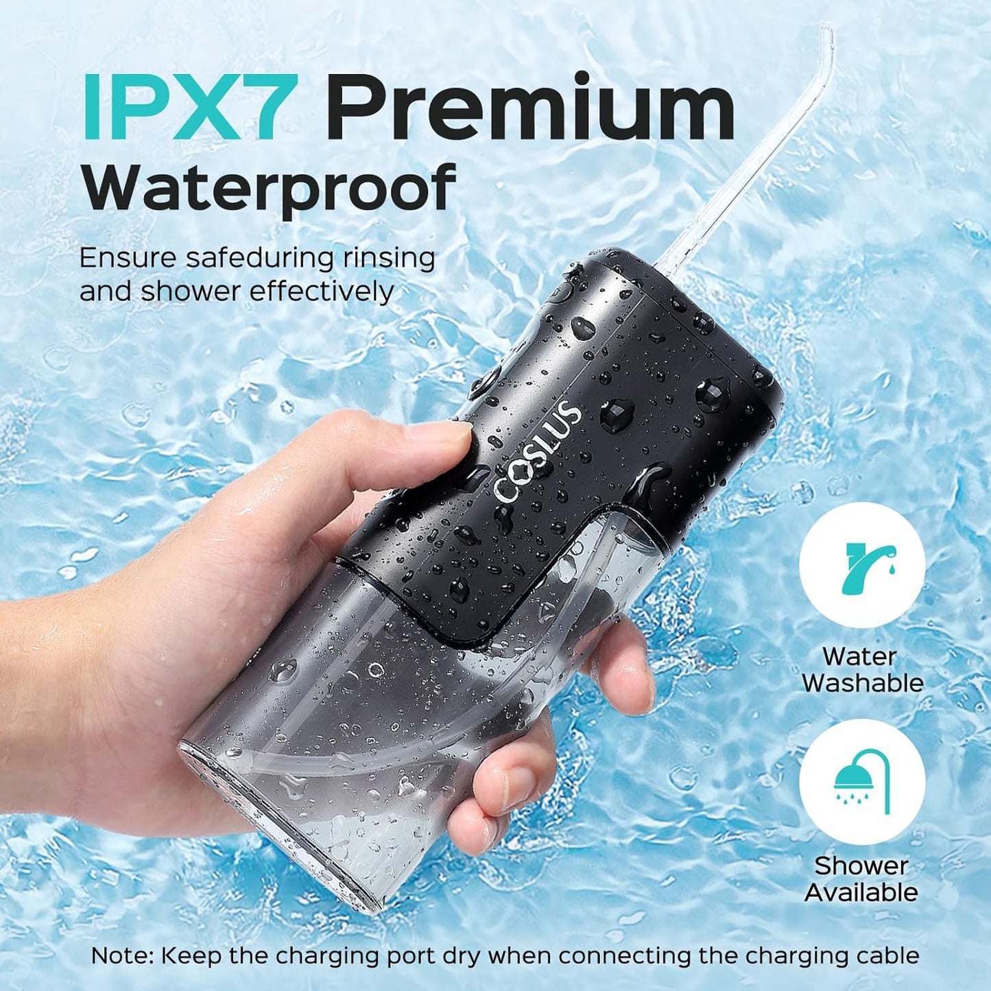 COSLUS Portable Water Flosser for Travel: Mini Water Flossers For Teeth Quick Clean, 4 Modes & Removable Tank for Family, Nozzle Storage, Cordless Compact Design One The Go Use, IPX7 Waterproof, Black