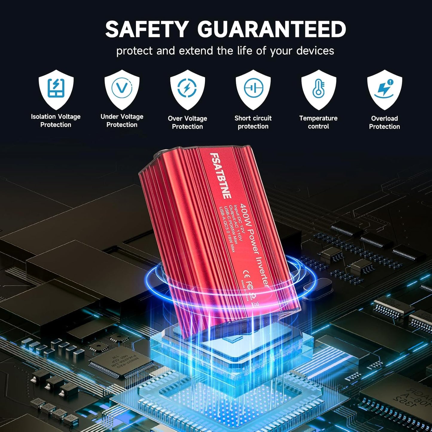 FSATBTNE 400W Power Inverter 12V DC to 110V AC Car Plug Adapter Outlet Converter with [65W PD USB-C] & [18W QC USB-A] Fast Charging Ports and 2 AC Outlets Car Power Inverters for Vehicles