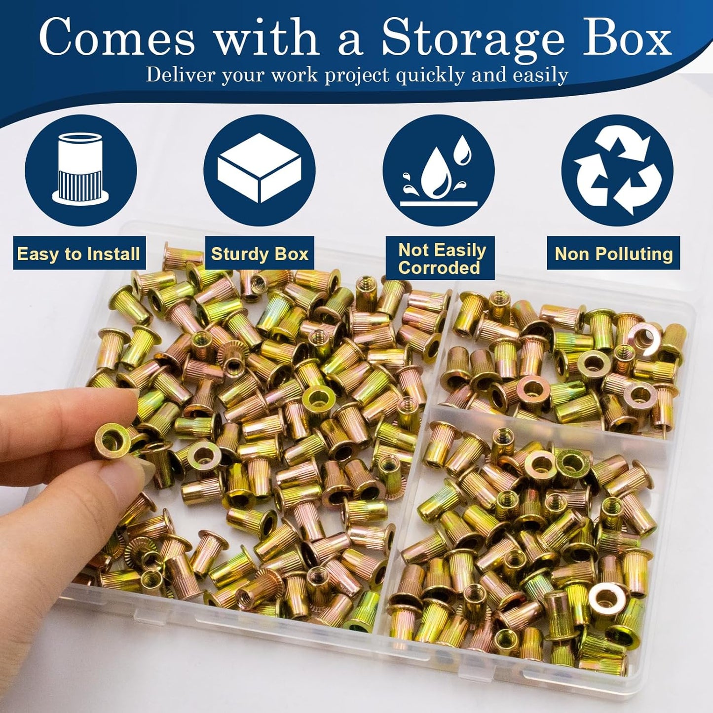 Vifmy Metric & SAE Rivet Nut Assortment Kit(420 Pcs),m3 m4 m5 m6 m8 m10 m12#6-32#8-32#10-24 1/4"-20 5/16"-18 3/8"-16 UNC Flat Head Rivnut Set,Zinc Plated Finish Carbon Steel Nutsert