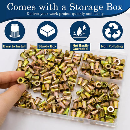 Vifmy Metric & SAE Rivet Nut Assortment Kit(420 Pcs),m3 m4 m5 m6 m8 m10 m12#6-32#8-32#10-24 1/4"-20 5/16"-18 3/8"-16 UNC Flat Head Rivnut Set,Zinc Plated Finish Carbon Steel Nutsert
