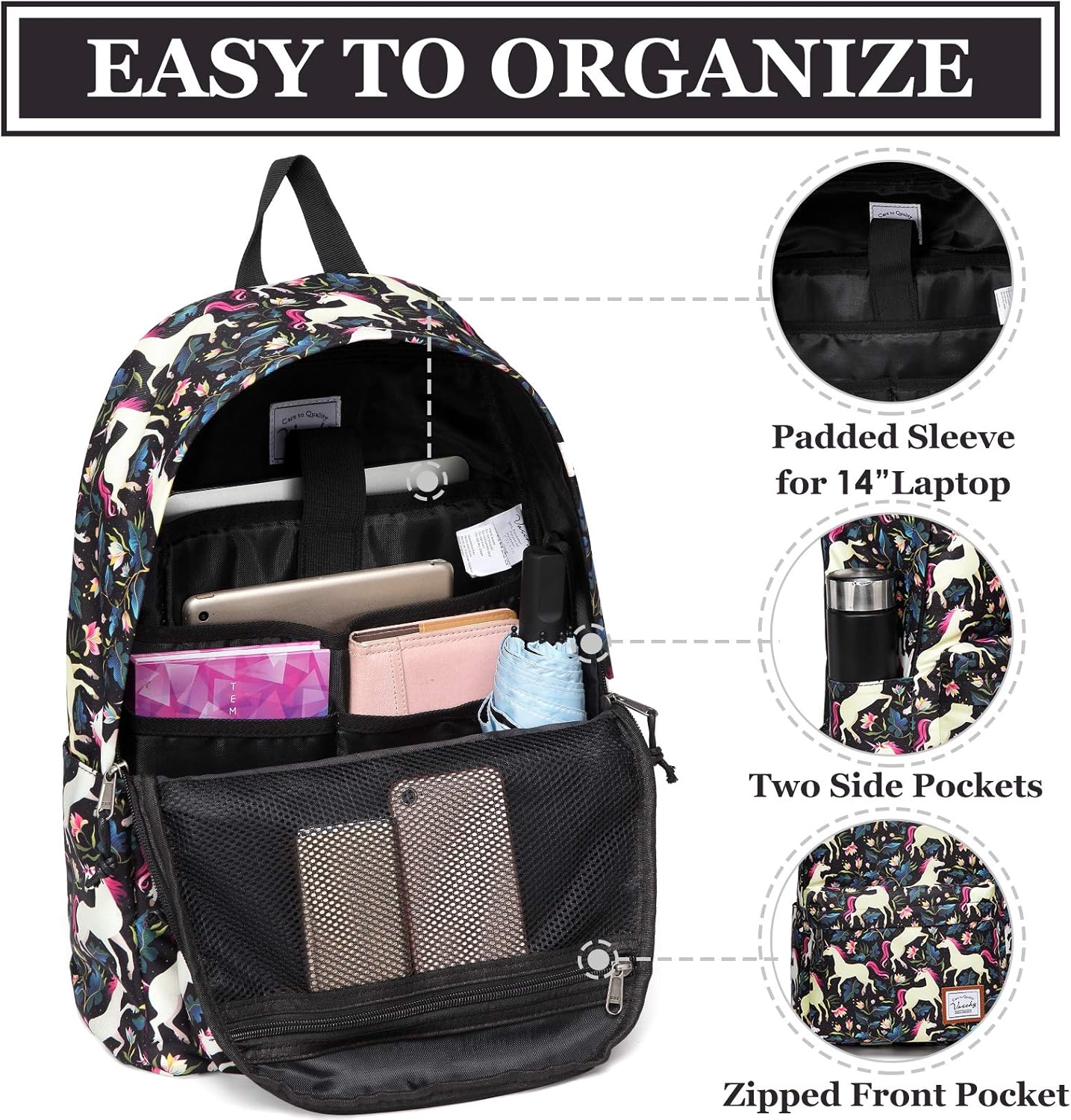 VASCHY Lightweight School Backpack for Women with Sleeve for 14" Laptop