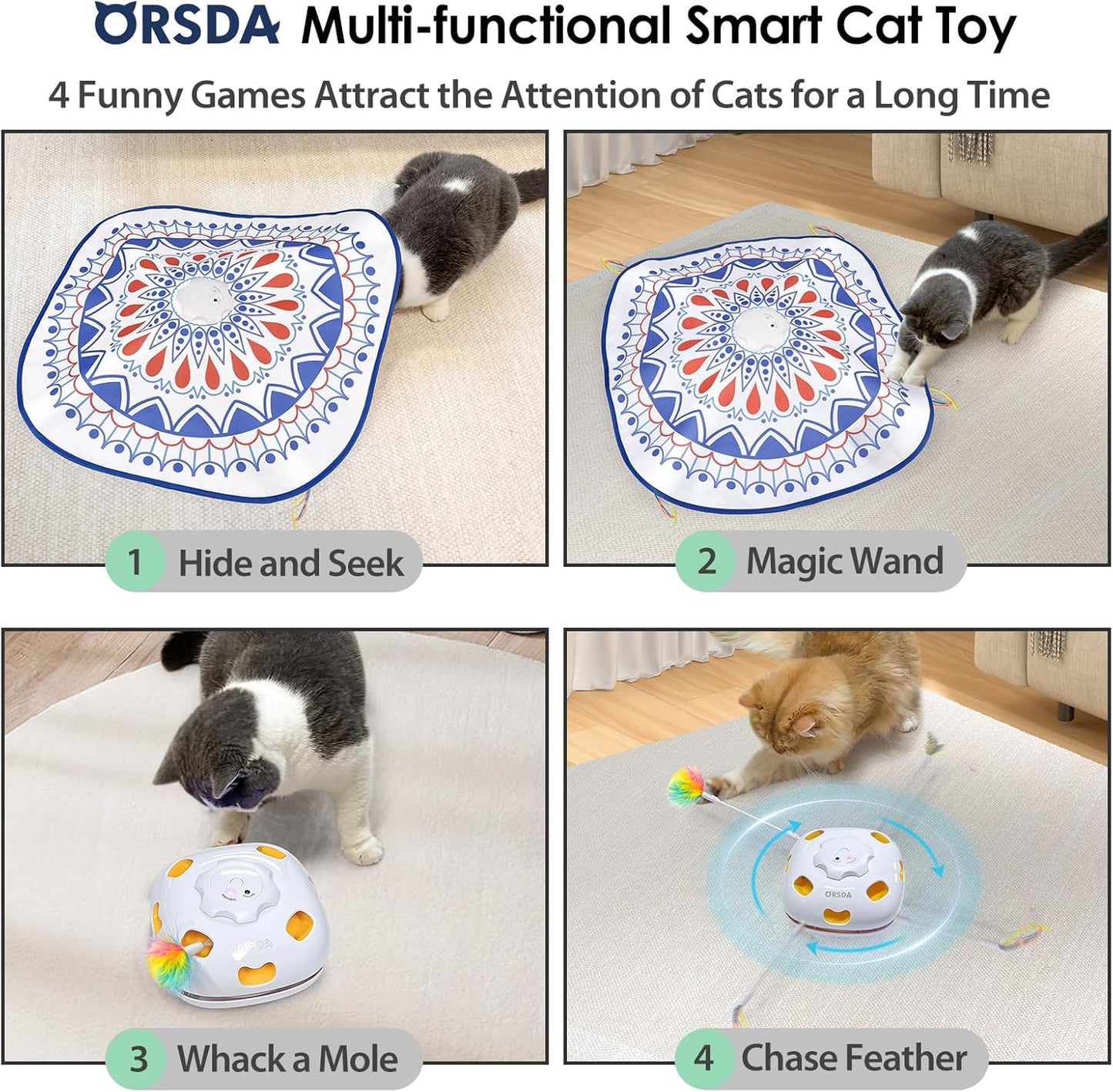 ORSDA Cat Toys Interactive, 4 in 1 Automatic Cat Toy, Hide and Seek, Whack a Mole, Magic Wand, Chasing Feather, with 4 Replacements, USB Rechargeable, for All Breed Sizes