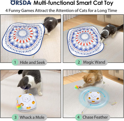 ORSDA Cat Toys Interactive, 4 in 1 Automatic Cat Toy, Hide and Seek, Whack a Mole, Magic Wand, Chasing Feather, with 4 Replacements, USB Rechargeable, for All Breed Sizes